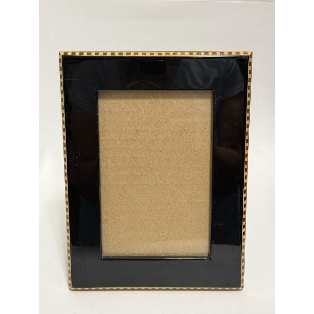 Black Lacquer 4x6 Picture Frame Gold Checkerboard Inlay Wood Easel Tabletop 8x10